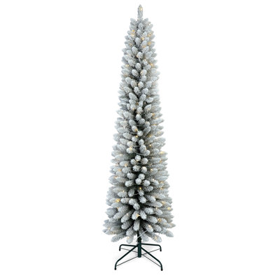 7ft Pre Lit Flocked Pencil Christmas Tree with 200 Warm White LED Lights Slim Snowy Artificial Xmas Tree