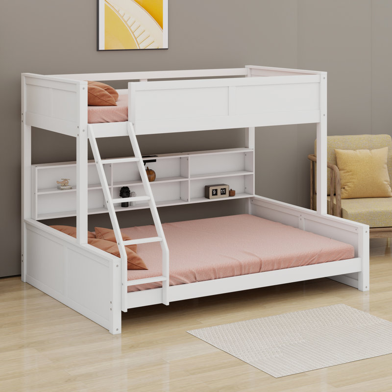 Pine Wood Bunk Bed With Storage Cabinets,Shelves, Ladder, Guardrails And Charging Station, Twin XL Over Queen, Antique White