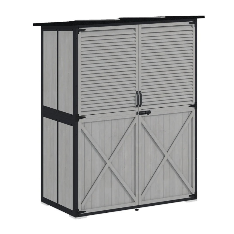 Wooden Outdoor Garden Storage Shed with Steel Frame and Varnished Finish, Gray and Black, Black/Gray
