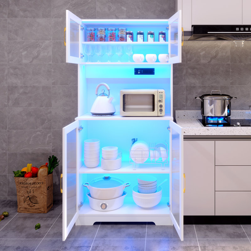 Tall Kitchen Pantry Cabinet With Led Lights & Power Outlet, Freestanding Coffee Bar Storage Unit With Fluted Glass Doors