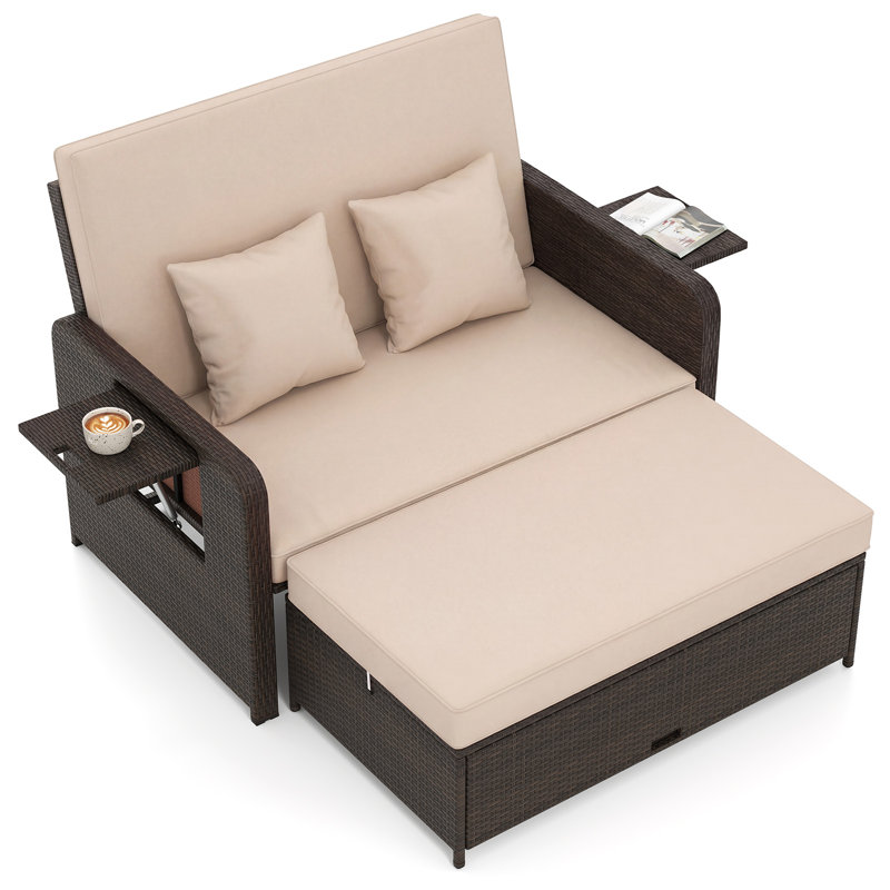 Lit de jour de patio en osier avec repose-pieds et plateaux latéraux Boden, Beige/brun