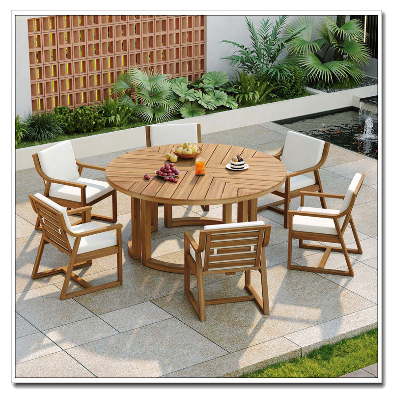 Ensemble repas 7 pièces pour 6 personnes avec trou pour parasol (teck clair)