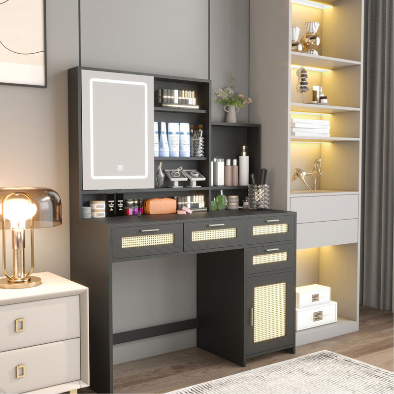 Meuble-lavabo de maquillage avec 3 lumières colorées et compartiment de miroir, 4 tiroirs 1 armoire, meuble-lavabo de chambre à coucher, miroir ouvrable avec effets, tiroir spacieux, noir