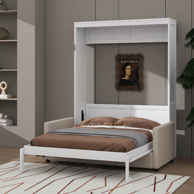 Grand lit escamotable mural avec coussin, Blanc, Grand lit