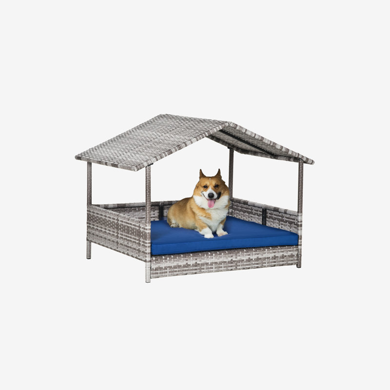 Gradient Gray Wicker Elevated Outdoor Dog House with Canopy and Blue Cushion