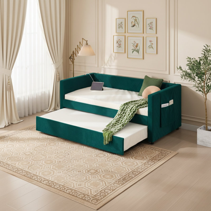 Twin Size Upholstered Daybed With Trundle, USB Port, Side Pockets, Modern V-Grained Backrest Design, No Box Spring Needed