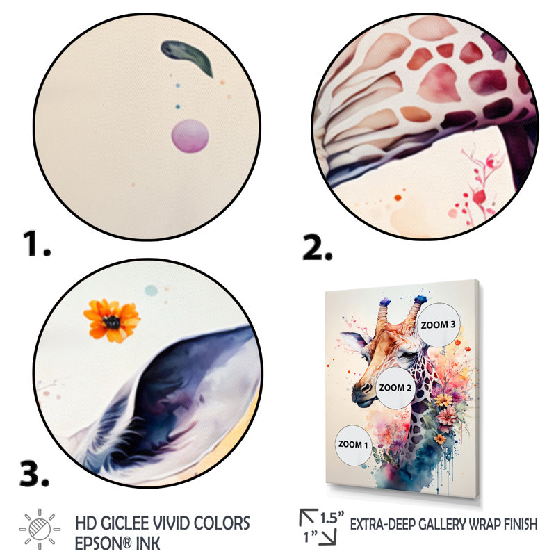 «Cute Giraffe Floral Art II», peinture sur toile, H 40 po x l 30 po x P 1,5 po, Toile tendue
