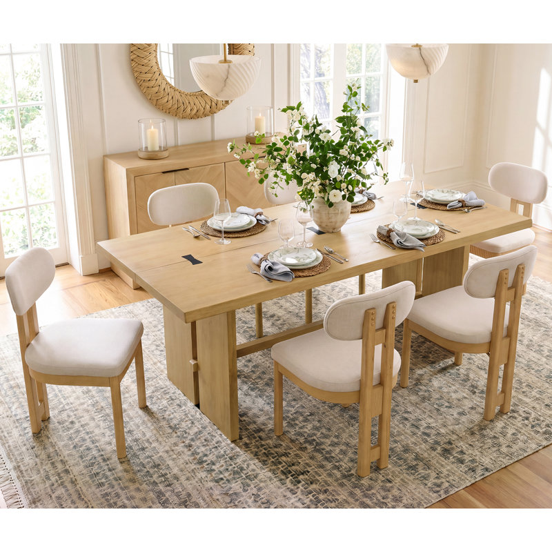 Ensemble de salle à manger moderne 7 pièces de 67 pouces avec 6 chaises de salle à manger rembourrées, plateau de table en placage de bois véritable, pieds de chaise en bois massif, dossiers incurvés, ceintures cannelées et nœud décoratif noir