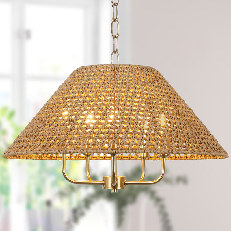 5- Light 21.6" Dimmable Hand-Woven Rattan Drum Chandelier, Gold, 5