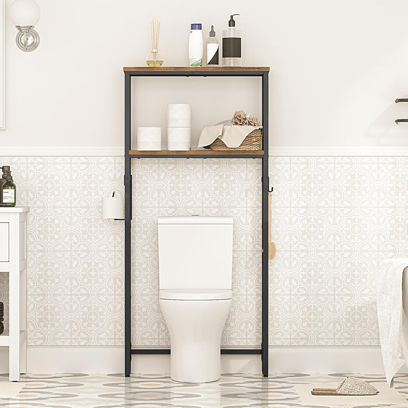 Over-The-Toilet Storage, 2-Tier Bathroom Organizer Over Toilet, Bathroom Shelves With Toilet Paper Holder And Hooks, Freestanding Storage Shelf, Space Saver