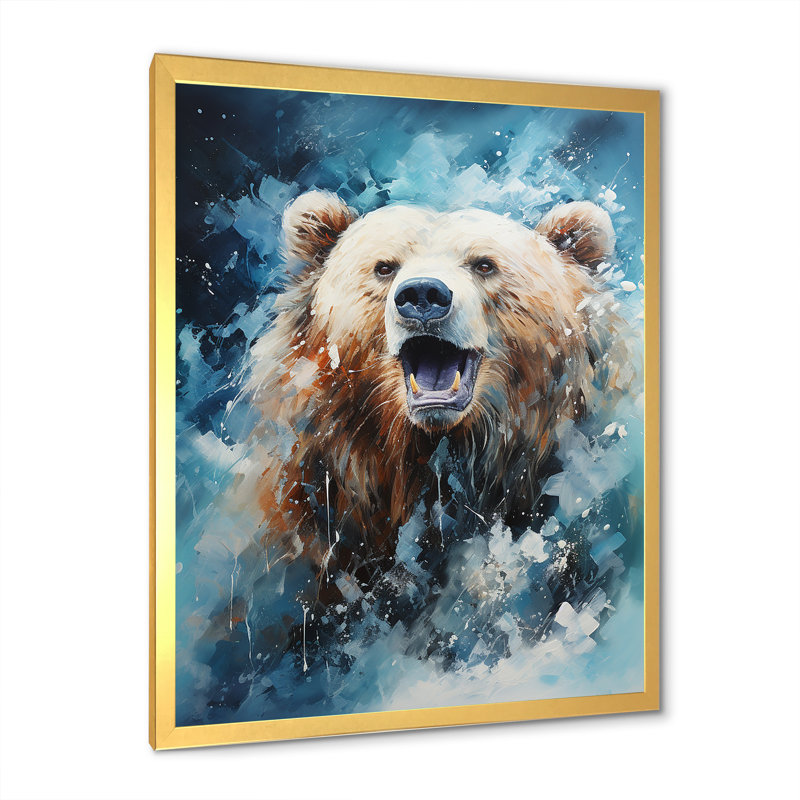 Ours abstrait en mouvement sur toile, Encadrement doré, H 40 po x l 30 po x P 1,5 po
