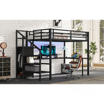 Metal Full Size Loft Bed With Wardrobe And Led, , Black For Adults L-shaped Desk, Wardrobe, Adjustable Shelf, Metal,