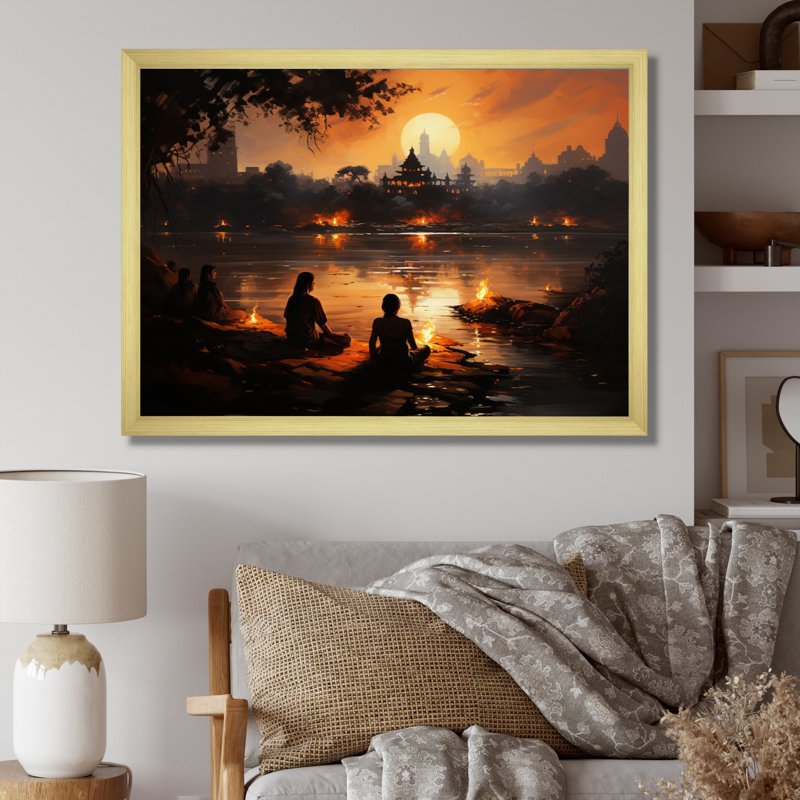 Hinduisim Sunset Aarti I - Spiritual Canvas Art Print, H 30 po x l 40 po x P 1,5 po, Encadrement doré
