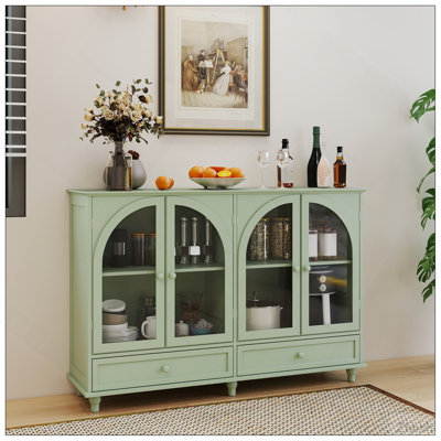 Buffet en verre arqué vert, 2 tiroirs et 4 portes en verre, armoire de présentation avec tablettes réglables, armoire de cuisine moderne pour le vestibule du salon