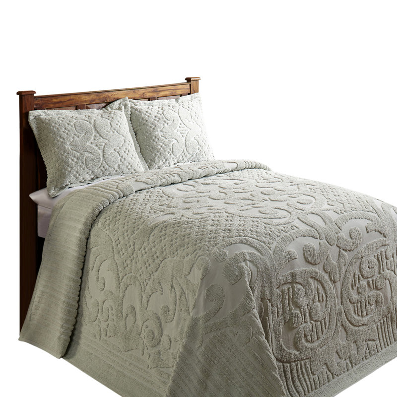 Couvre-lit en chenille de très grande taille Ashton, couvre-lit à médaillon 100% coton floral, literie traditionnelle héritage texturée, confort toutes saisons doux et respirant, certifié OEKO-TEX, lavable à la machine, sauge