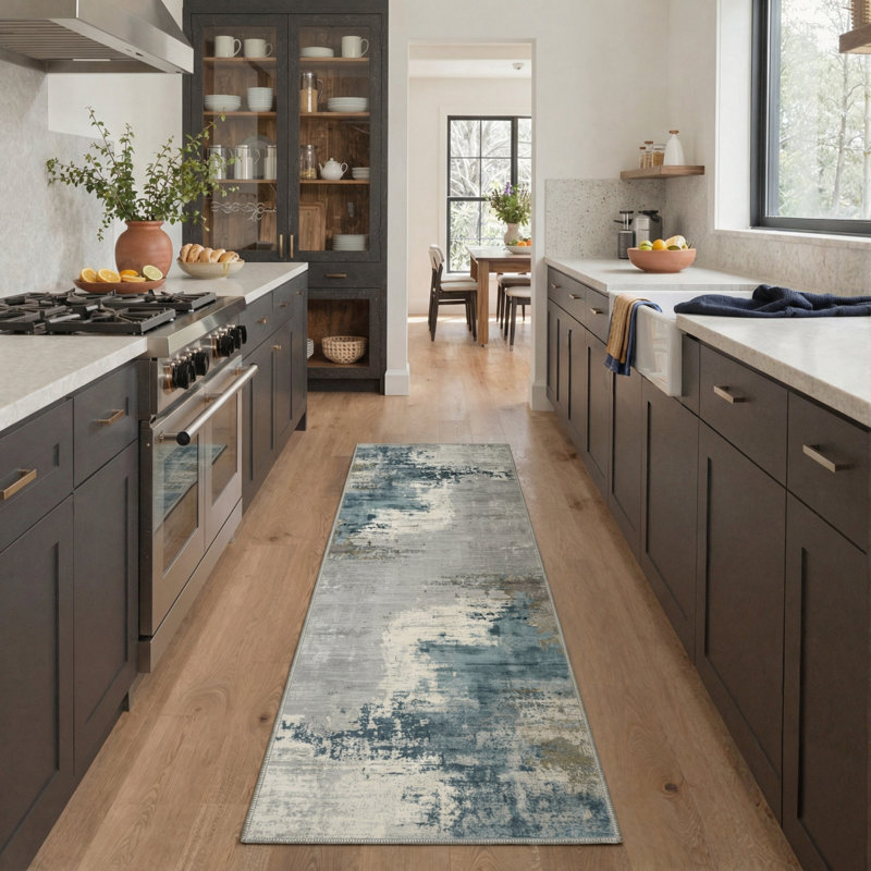 Abstract Watercolor Wash Machine Washable Slate Blue Indoor Area Rug With Non-Slip Backing, Runner 2' x 7'