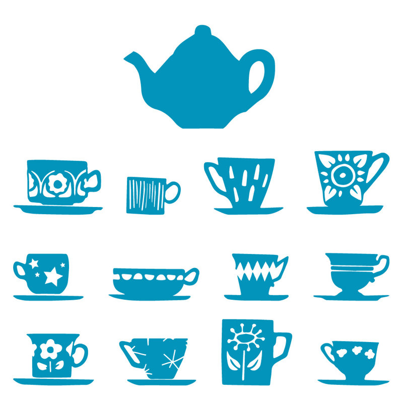 Décalcomanie murale tasses de thé, H 32 po x l 33 po x P 0,01 po, Bleu sarcelle