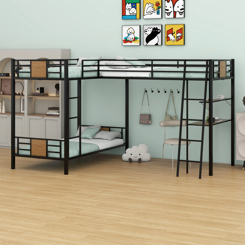 Lit superposé en L avec lit mezzanine avec bureau et tablette