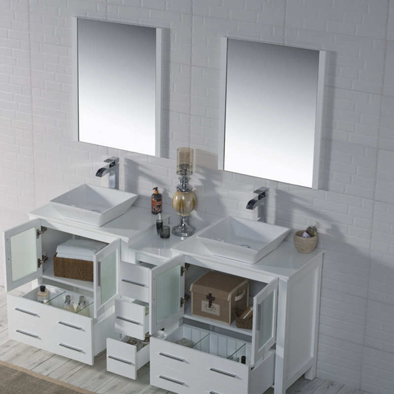 Mance 72.375'' Double Bathroom Vanity with Ceramic Top, Glossy White