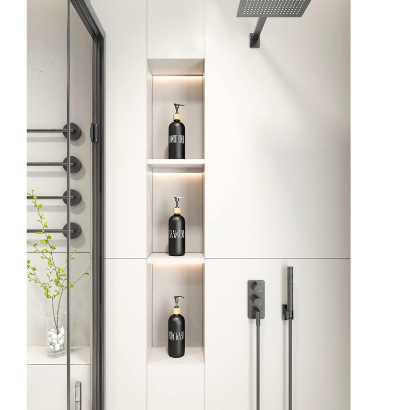 Shampoo/Conditioner Dispenser Set | Glass Refillable Bottles with Easy-Read Labels | for Body Wash & Shower, Black