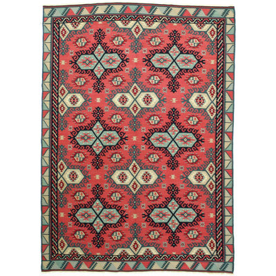 Tapis tissé à plat de couleur rouille / bleu clair / ivoire 6 pi 8 po x 9 pi 5 po