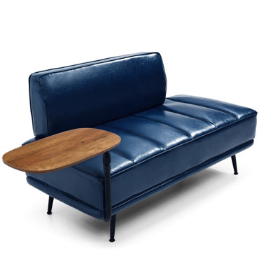 Hall d'entrée rembourré en similicuir bleu de 55 pouces avec table d'appoint, support pour téléphone pivotant à 360 degrés et coussin en mousse haute densité, idéal pour le salon dans la chambre à coucher, plateau pivotant moderne, pieds en métal,