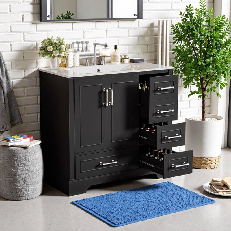 Meuble-lavabo traditionnel de 36 pouces avec lavabo en céramique, armoire en bois massif noir avec 2 portes à fermeture douce et 4 tiroirs, lavabo encastré rectangulaire, poignées en alliage de zinc