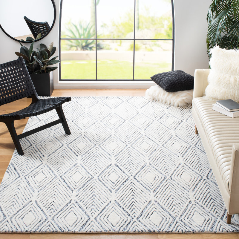 Tapis géométrique abstrait en laine / coton touffeté à la main gris / ivoire, Rectangle 4pi x 6 pi