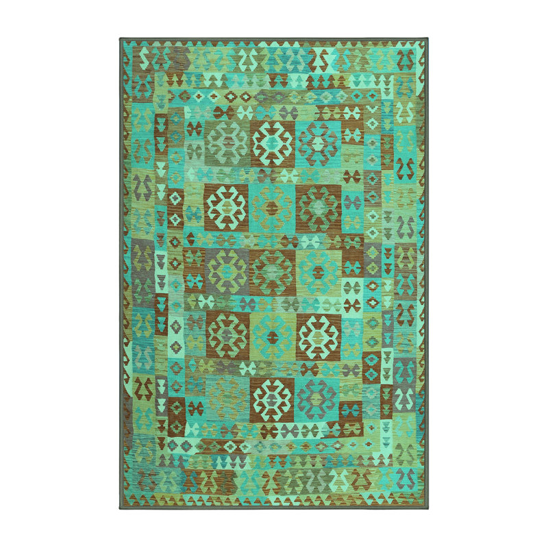 Tapis bleu / vert en laine et en polyester 6 pi x 9 pi Southwestern