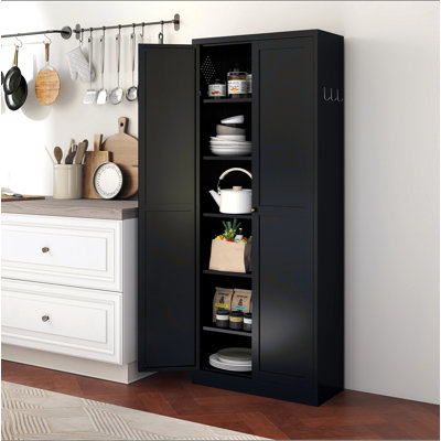 72" Black Metal Kitchen Pantry Cabinet with Doors, Heavy-Duty Freestanding Storage Organizer with 5 Adjustable Shelves, Tool-Free Assembly for Pantry, Kitchen, Bathroom