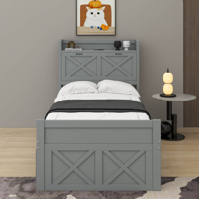 Twin Size Wooden Bed With Trundle, Gray