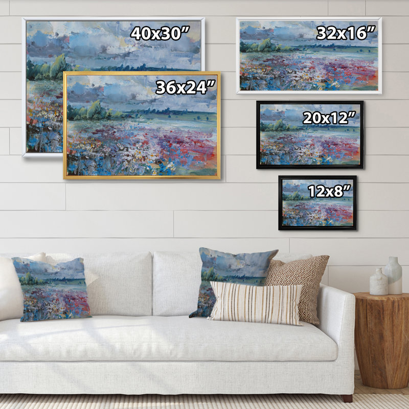 «Scenery Wildflowers Blooming», peinture sur toile, H 24 po x l 36 po x P 1 po, Cadre flottant blanc