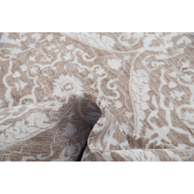 Tapis décoratif en laine noué à la main 8,3 x 10,3 pi, motif taupe et ivoire avec motif à médaillon répétitif pour le salon