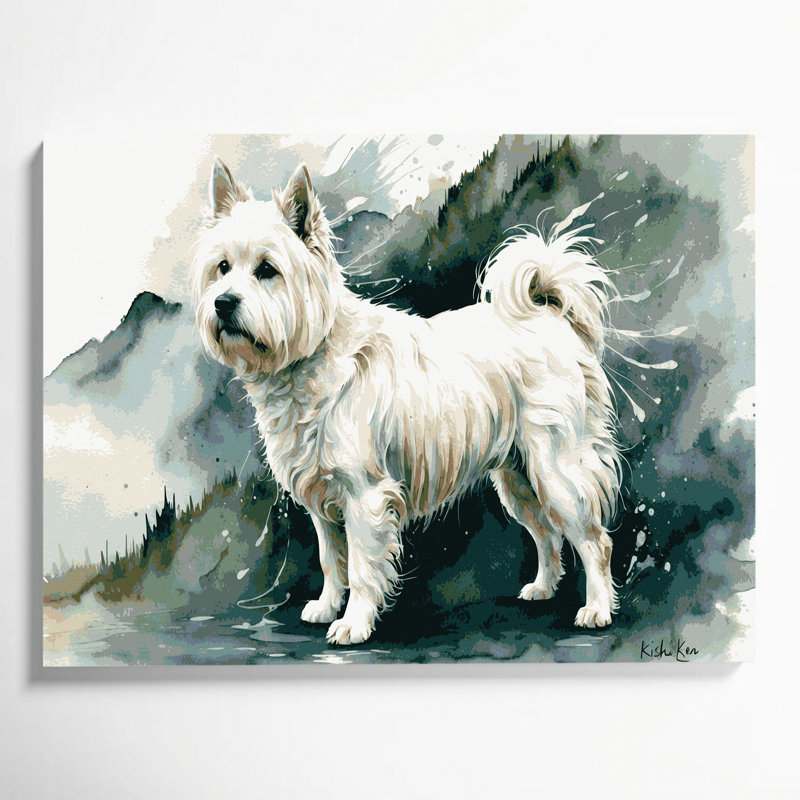 Chiens, art mural beige sur toile Kishu Ken, H 16 po x l 20 po