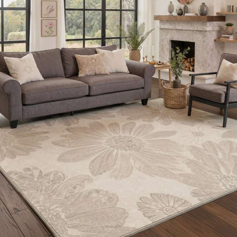 Tapis d'intérieur lavable à la machine beige avec envers antidérapant Veridia, Rectangle 6 pi x 9 pi