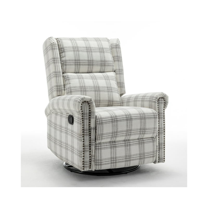 Jaq Upholstered Swivel Recliner, Gray Plaid Linen