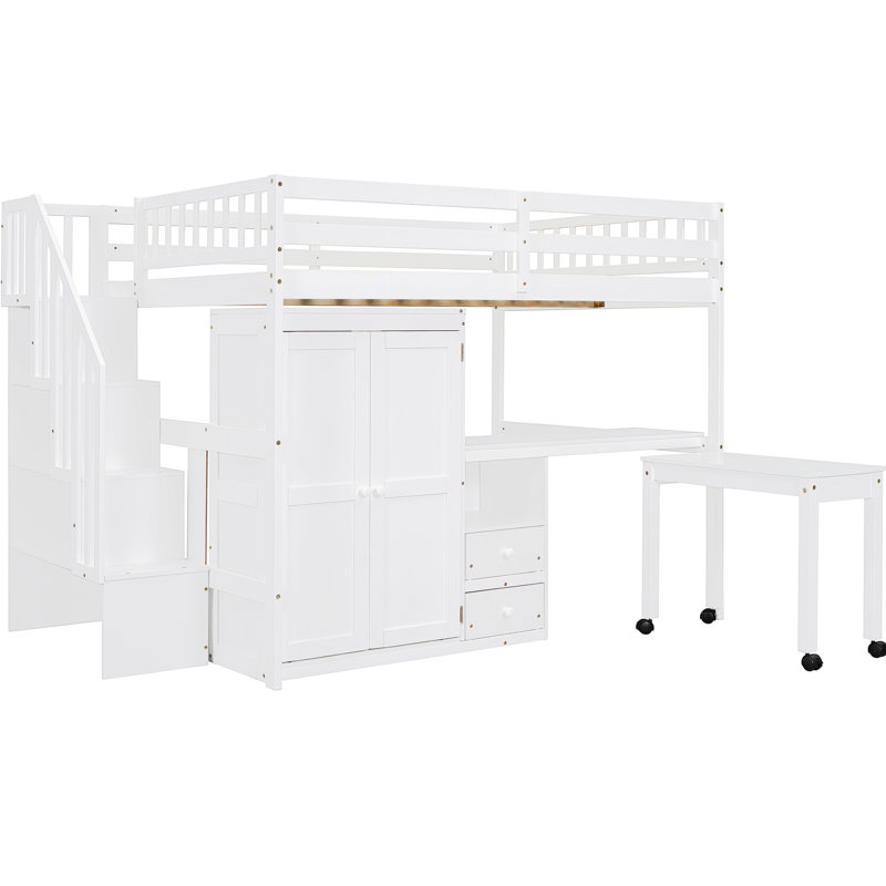 Lit mezzanine avec escalier, bibliothèque, tiroirs, bureau et garde-robe - et blanc, conception multifonctionnelle pour une chambre d'adolescent pleine grandeur