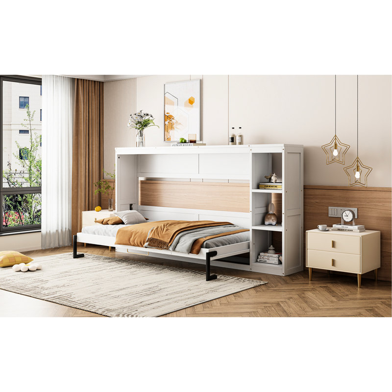 Lit simple blanc avec armoire à étagères avec bibliothèque - option de rangement stable et stable, Lit simple