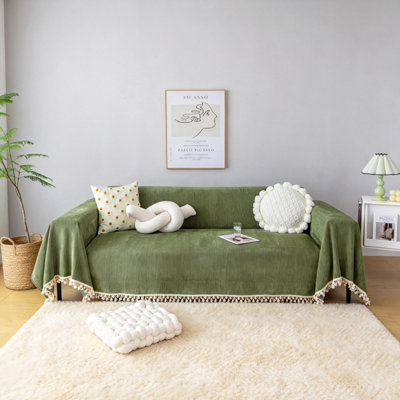 Vintage Chenille Sofa Cover With Tassels, 3-Cushion Herringbone Slipcover For Dogs (Green)
