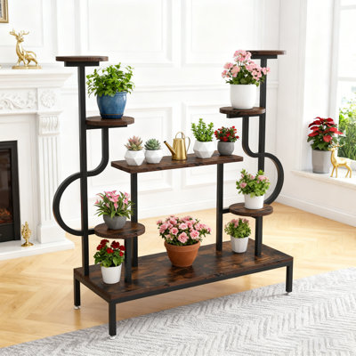 Support à plantes brun rustique à 8 niveaux - 49,60 po de hauteur, tablettes rondes et carrées pour plusieurs plantes | Salon / patio / balcon / jardin