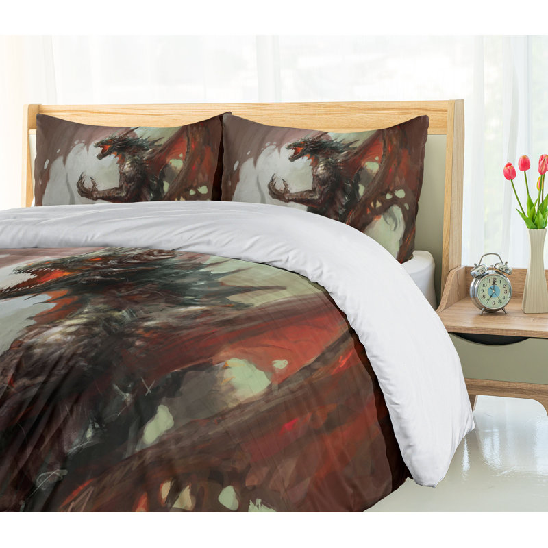 King Size Grey Red Dragon Mythological Duvet Cover Set