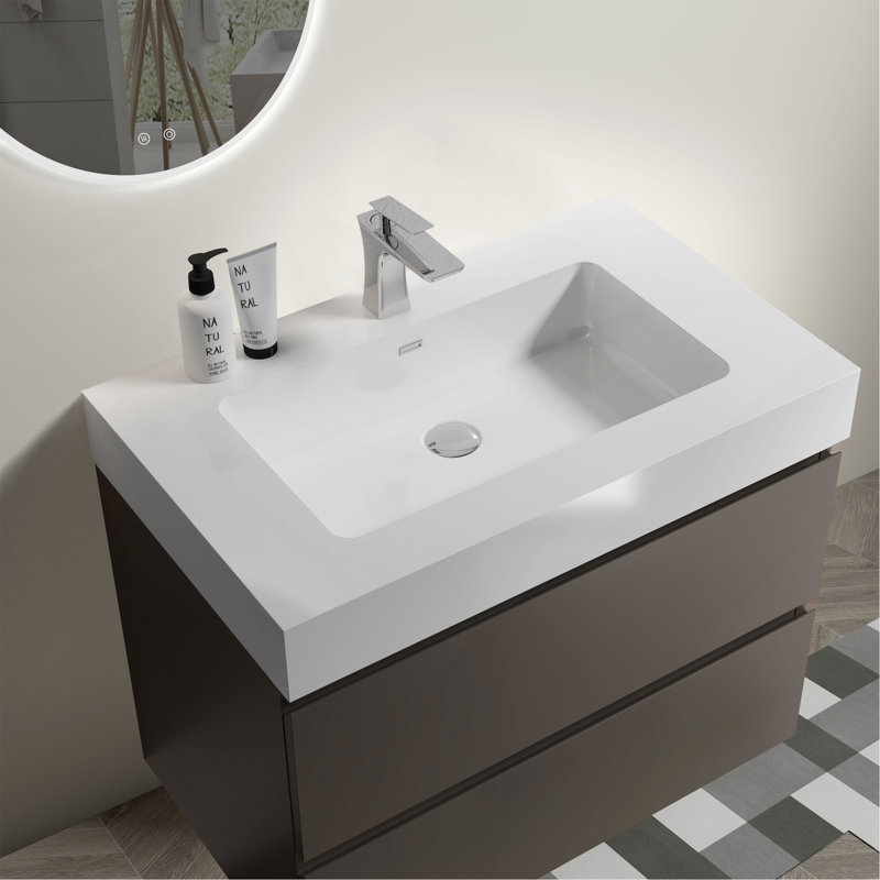 Meuble-lavabo élégant avec tiroirs doubles et conception sans poignée, offrant beaucoup de rangement et un look moderne.