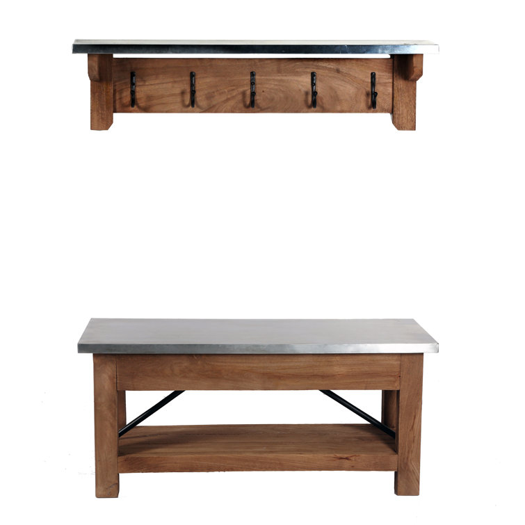 Crockett 40"W Industrial Rustic Solid Wood Frame Wall Mounted Coat Rack And Bench With Storage