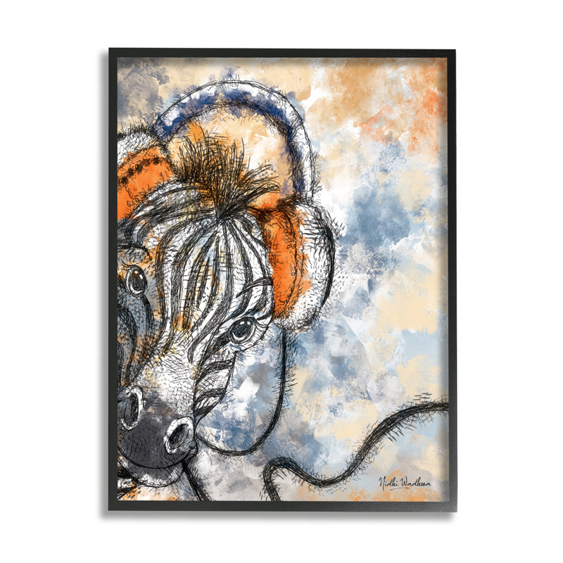 Zèbre avec casque d'écoute par Nidhi Wadhwa, H 20 po x l 16 po x P 1,5 po, Giclée encadrée noir minuit