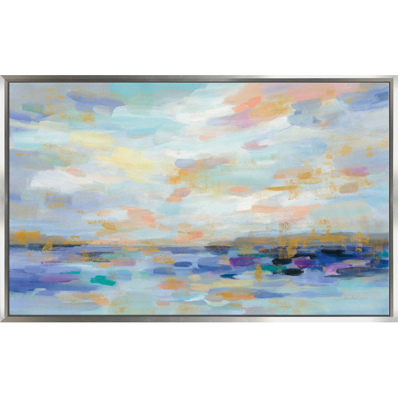 «Golden Sunrise», reproduction de peinture à l'acrylique sur toile, H 31,5 po x l 51,5 po x P 2 po, Cadre flottant argent