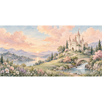Hilltop Castle Wallpaper Mural, Peel and Stick Kids Room Wall Mural, Watercolor Fairy Tale Castle Nursery Wallpaper