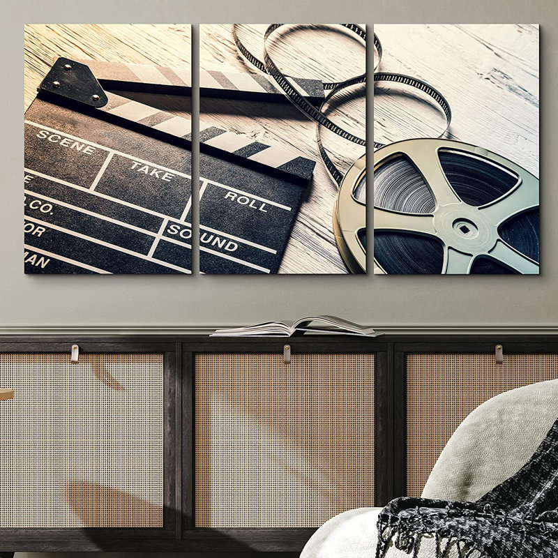 " Film Camera Projector Chalkboard And Roll On Wooden Table " 3 - Pieces, 36" H x 72" W x 1.5" D