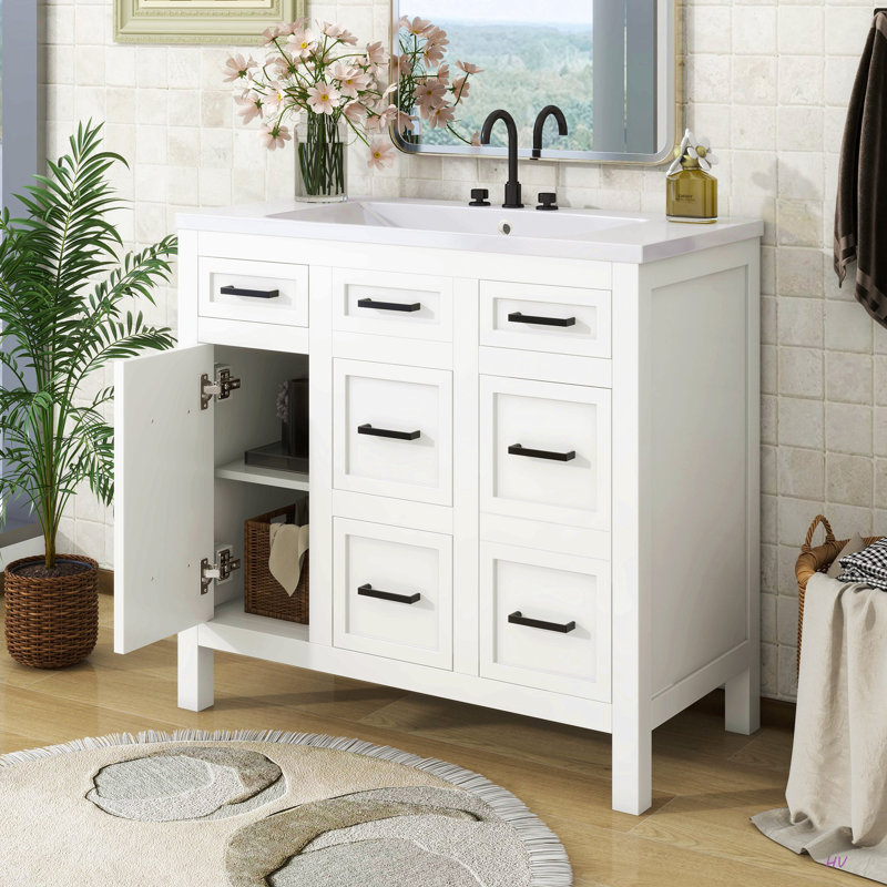 Meuble-lavabo 36 po avec lavabo intégré en résine - 4 tiroirs, 2 portes, Blanc/Noir