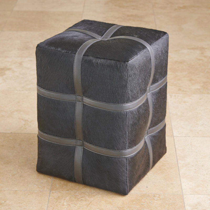 Belted Hair-on-Hide Leather Poof, Black Hair on Hide Leather
