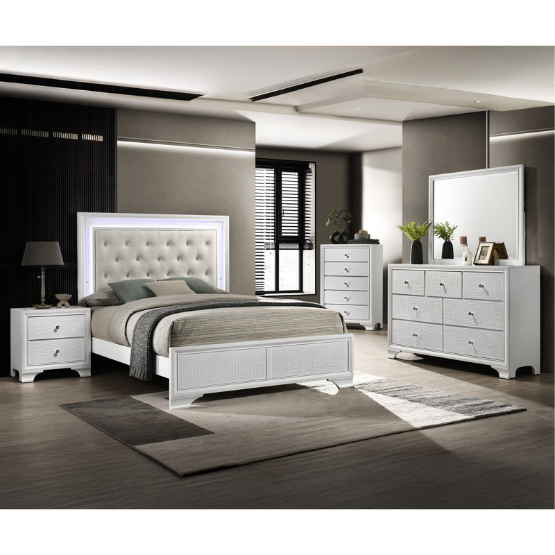 Lit à panneau contemporain pour lit double, tête de lit tapissier à boutons avec DEL, finition texturée, givré et avoine, lit moderne pour la chambre à coucher, Design,